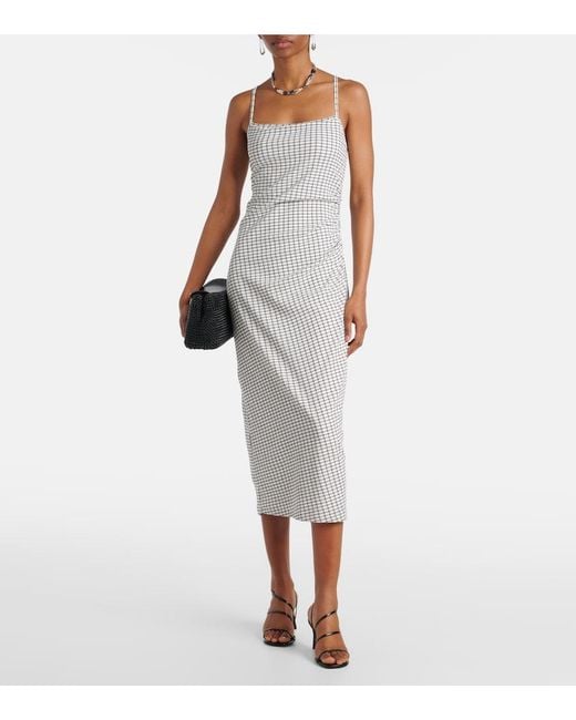 Vince White Checked Ruched Midi Dress
