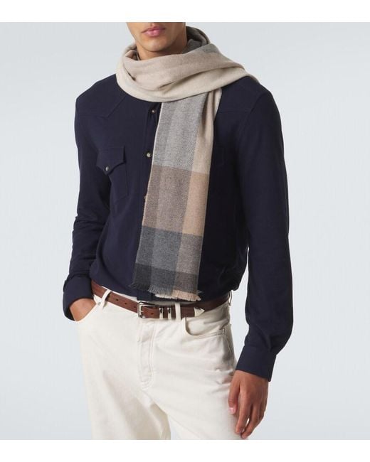 Brunello Cucinelli Natural Checked Wool And Cashmere Scarf for men