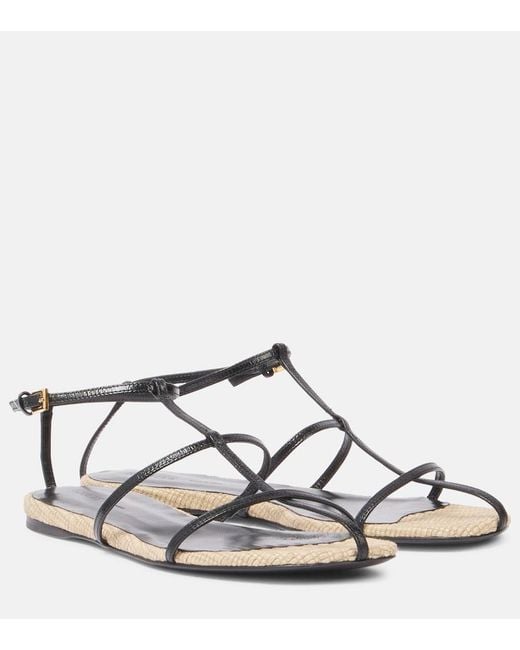Khaite Black Cage Leather Raffia-Trimmed Sandals