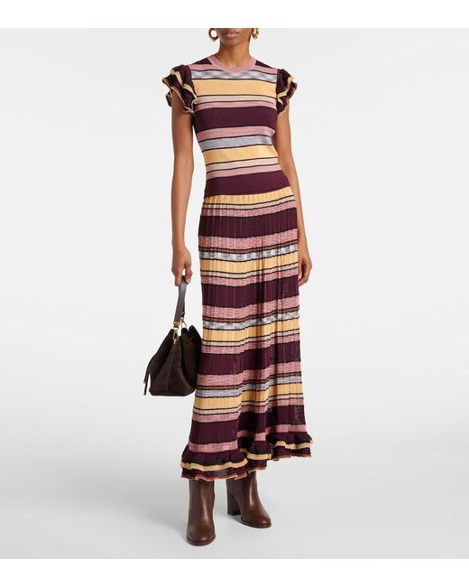Ulla Johnson Red Seraphine Striped Pleated Midi Skirt