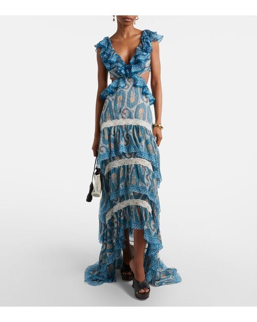 Etro Blue Paisley Lace-Trimmed Ruffled Silk Maxi Dress