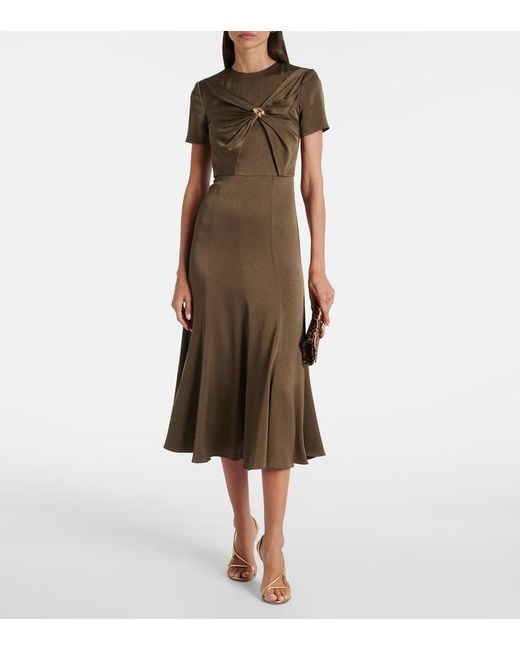 Roland Mouret Green Gathered Crepe Satin Midi Dress