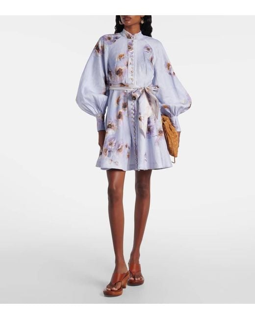 Zimmermann Blue Hypnotic Floral Linen Shirt Dress