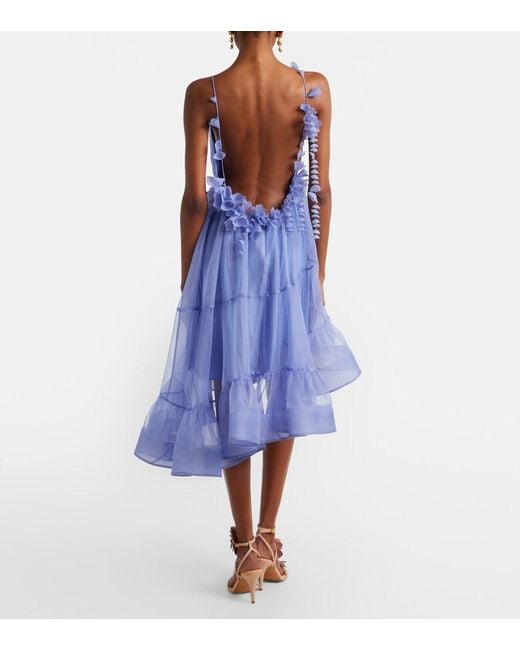 Zimmermann Blue Como Asymmetric Floral-Applique Silk Minidress