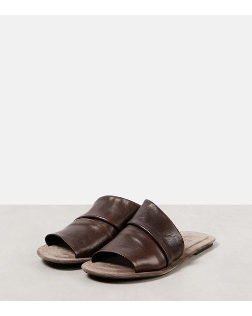 Brunello Cucinelli Brown Ruched Leather Slides