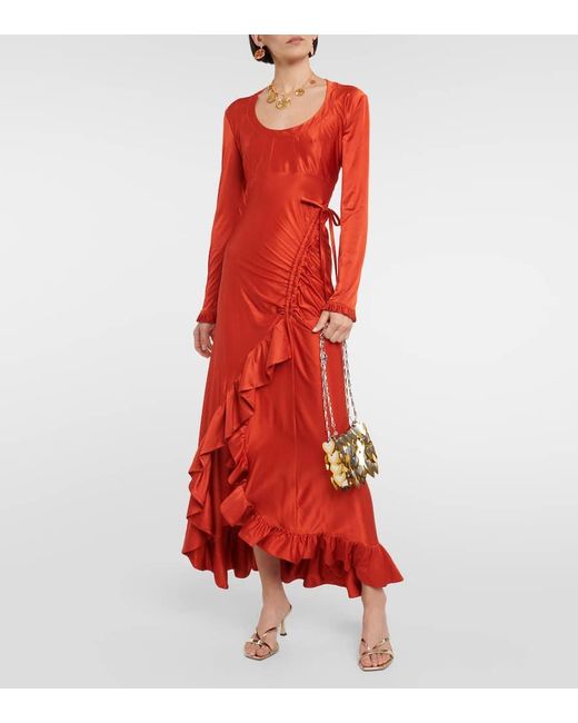 Rabanne Red Ruffled Satin Maxi Dress