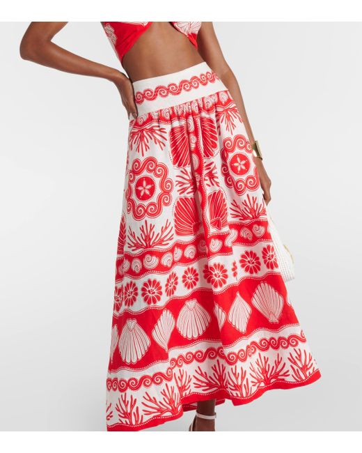 Farm Rio Red Ainika Shell Linen-blend Maxi Skirt