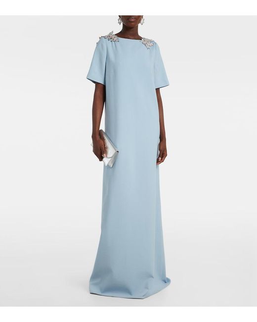 Oscar de la Renta Blue Fern Sequined Wool-Blend Gown