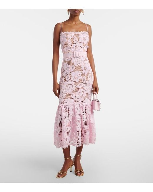 Vestido Midi De Croche Con Cinturon Self-Portrait de color Pink