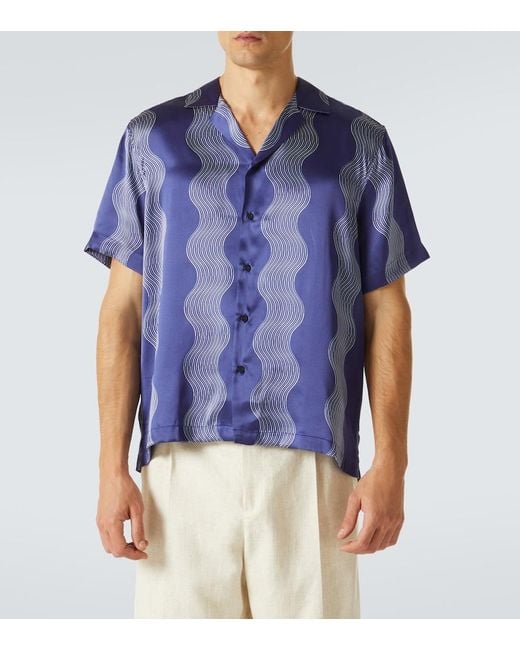 Frescobol Carioca Blue Roberto Printed Silk Bowling Shirt for men