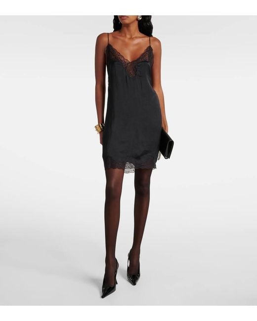Saint Laurent Black Slipdress Aus Satin Mit Spitze