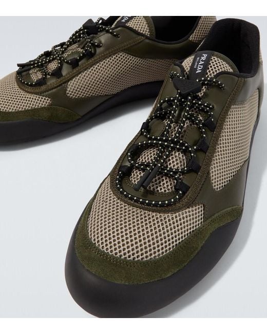 Prada Brown Speedrock Leather-Trimmed Sneakers for men