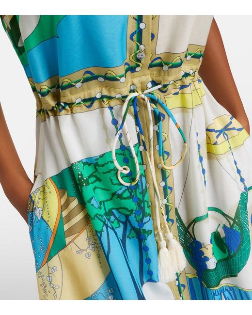 tory burch printed cotton silk dress Printed cotton and silk-blend midi dress - green