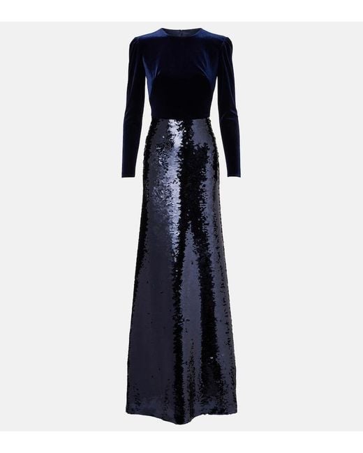 Monique Lhuillier Blue Sequined Velvet Gown
