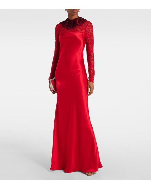 Rodarte Red Lace-Trimmed Silk-Blend Satin Gown