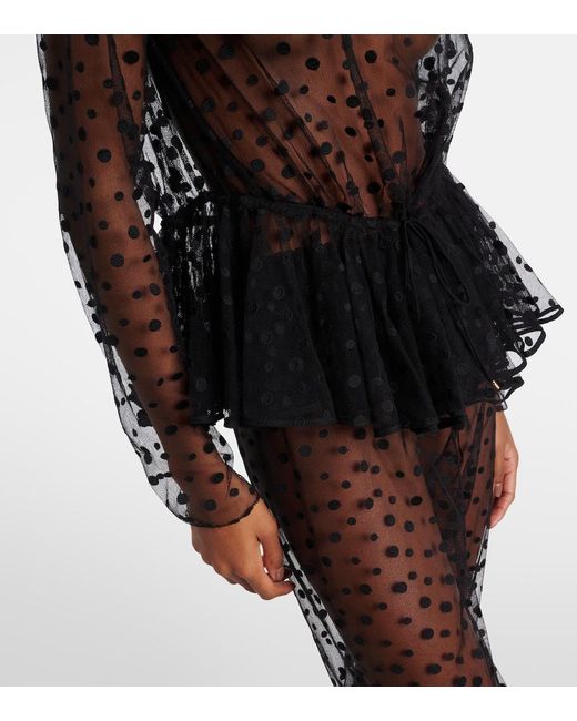 Chloé Black Polka-Dot Peplum Cotton-Blend Tulle Top