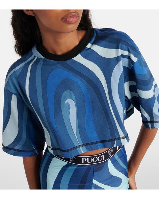 T-shirt cropped in cotone con stampa di Emilio Pucci in Blue