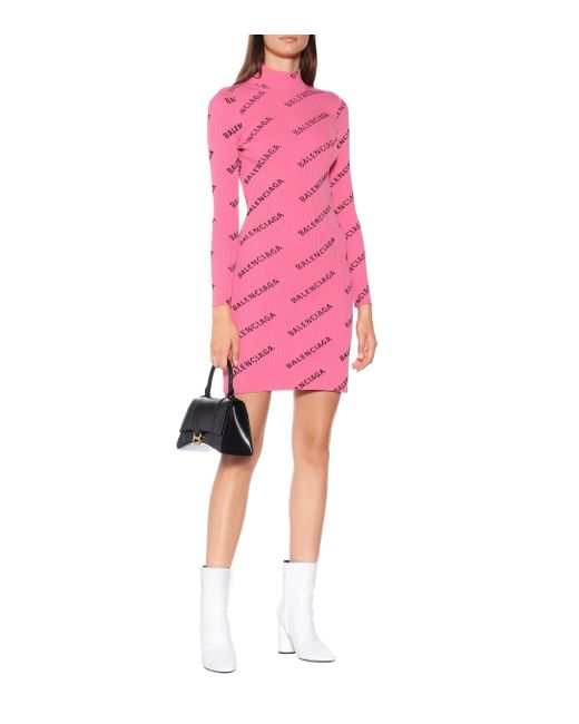 Balenciaga Logo Ribbed-knit Minidress in Pink | Lyst