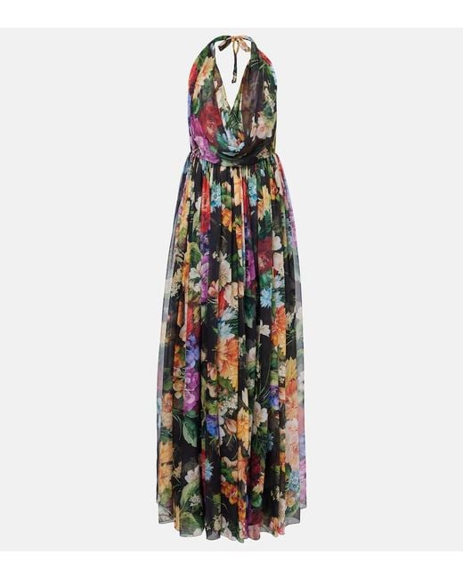 Dolce & Gabbana White Langes Kleid Aus Chiffon Mit Blumenbouquet-Print