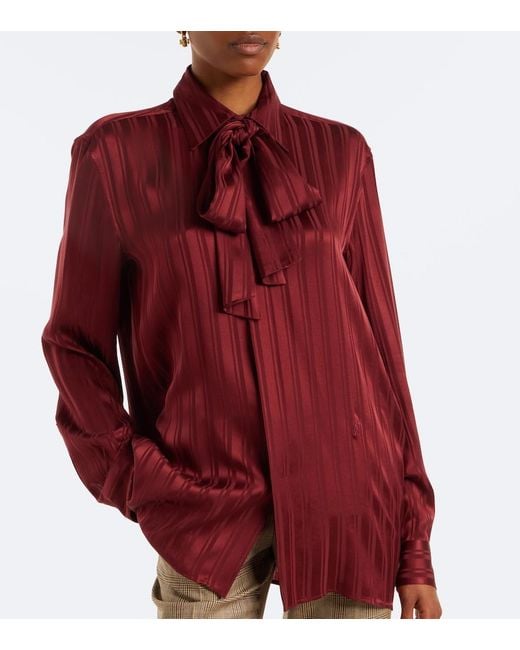 Saint Laurent Red Striped Tie-Neck Silk Jacquard Blouse