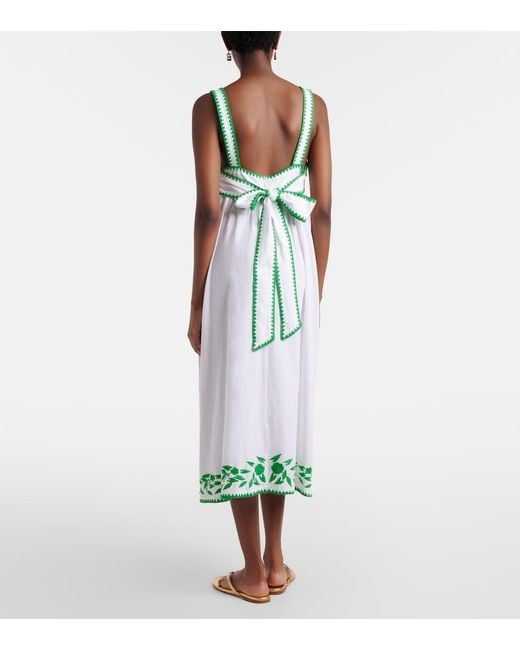 Juliet Dunn White Embroidered Cotton And Linen Midi Dress