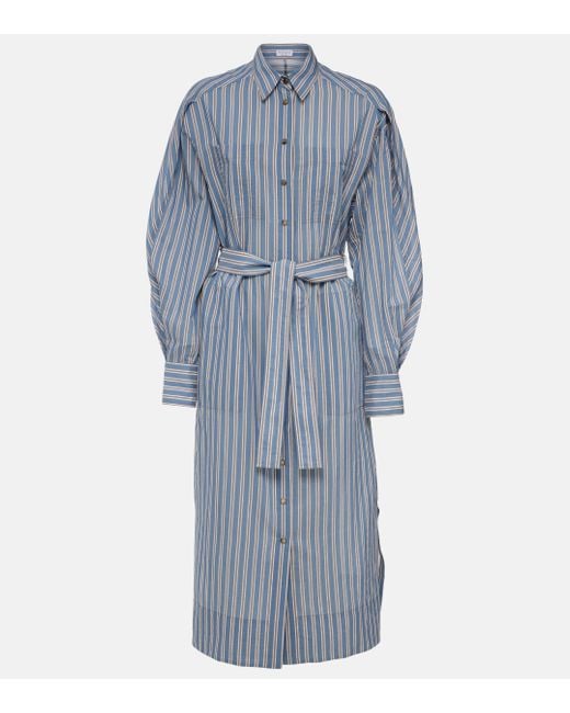 Brunello Cucinelli Blue Striped Cotton And Silk Shirt Dress