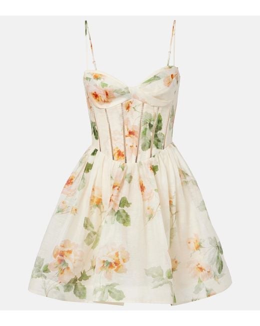 Zimmermann Natural Carousel Floral Silk And Linen Bustier Dress