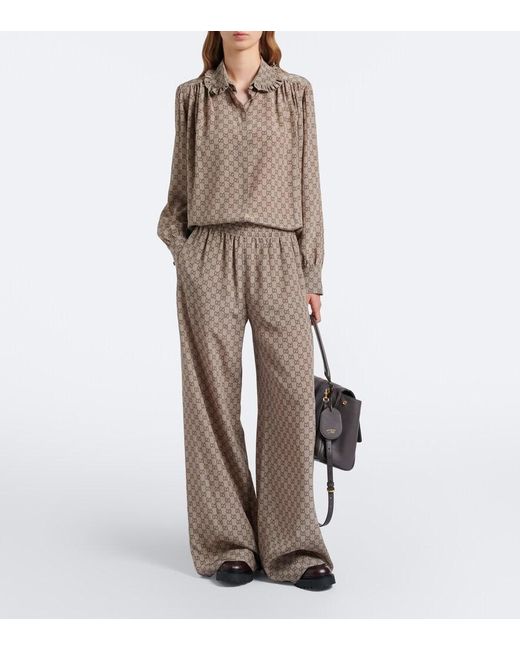 Gucci Natural Gg Silk Crepe De Chine Palazzo Pants