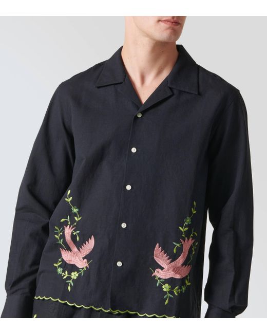Bode Blue Rosefinch Embroidered Linen Shirt for men
