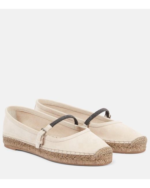 Brunello Cucinelli Natural Espadrilles Monili Aus Veloursleder