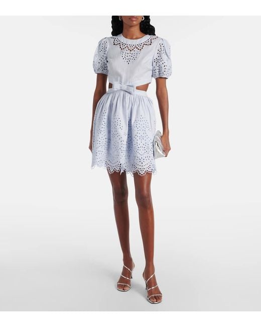 Self-Portrait Blue Embroidered Bow-Detail Cutout Minidress
