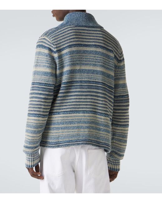 RRL Blue Striped Cotton And Linen Cardigan for men