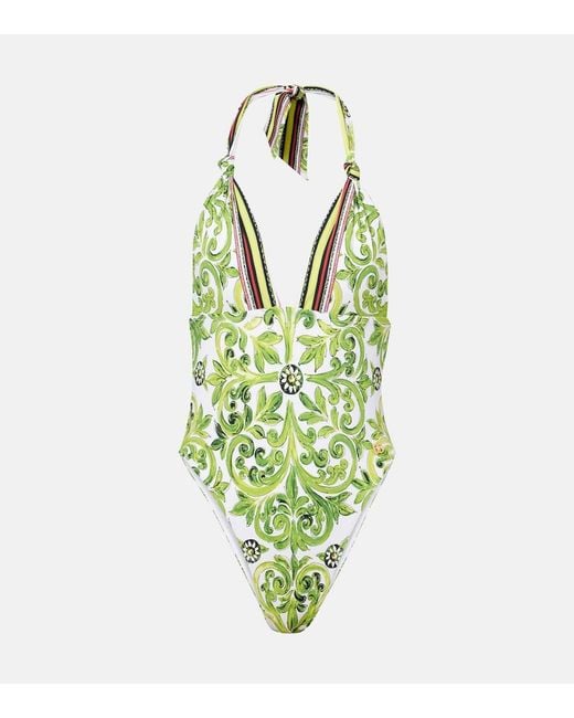 Dolce & Gabbana Green Printed Halterneck Swimsuit