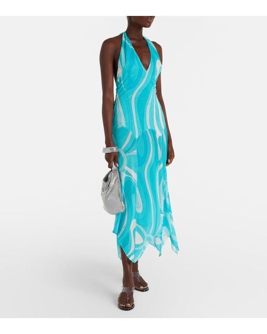 Emilio Pucci Blue Printed Silk Twill-Trimmed Crepe-Jersey Halterneck Midi Dress