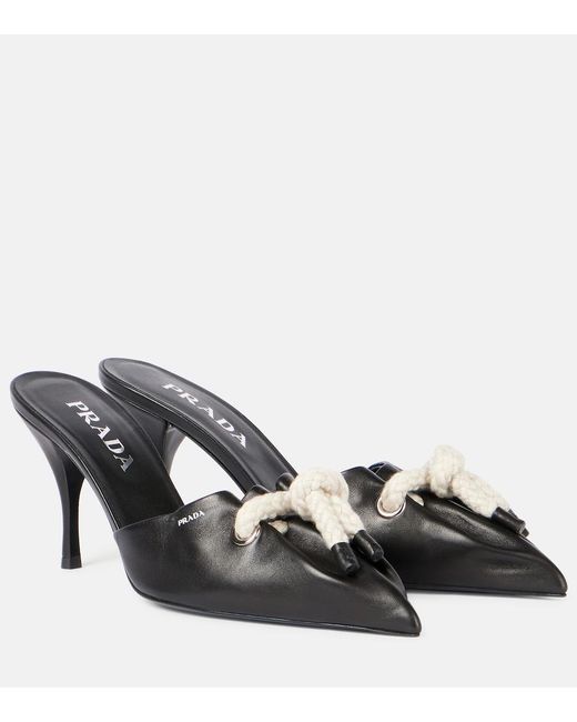 Prada Black Logo Leather Mules