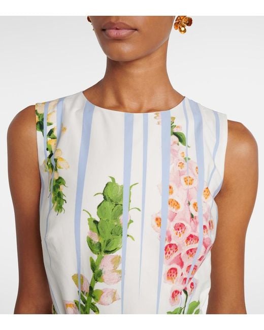 Oscar de la Renta Blue Floral Trompe L'Oil Cotton-Blend Midi Dress