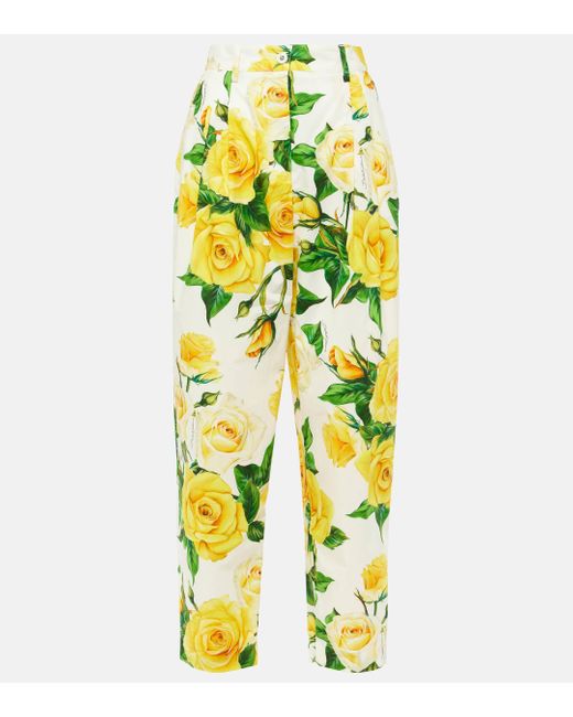 Dolce & Gabbana Yellow Floral High-rise Cotton Cropped Pants