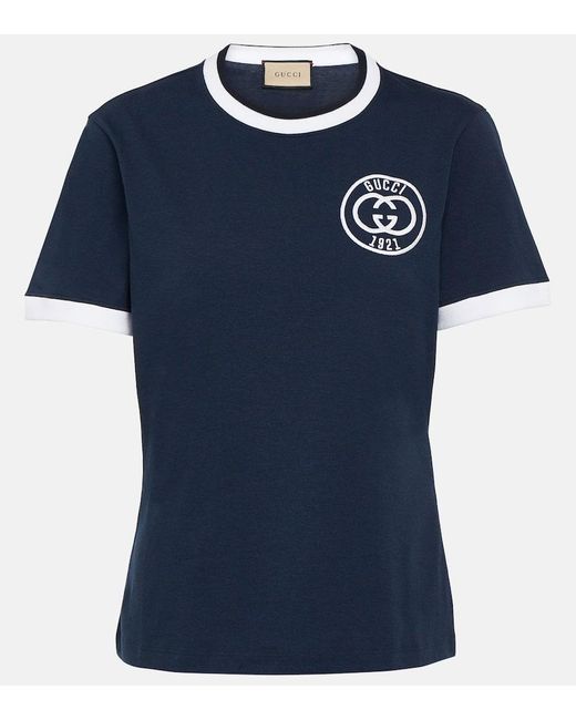 Gucci Blue Cotton Jersey T-Shirt With Embroidery