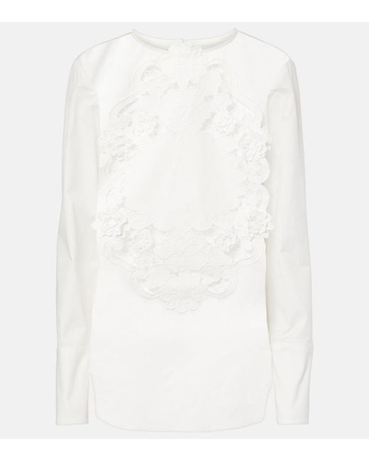 Oscar de la Renta White Embroidered Cotton Blouse