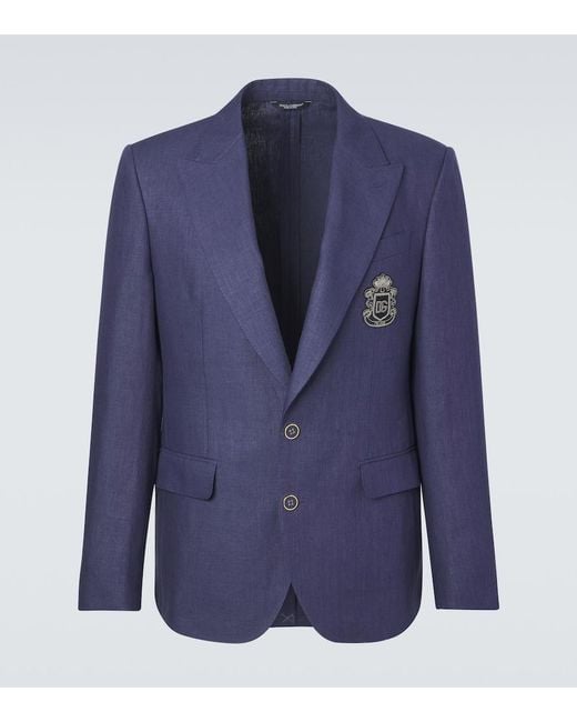 Dolce & Gabbana Blue Logo Single-Breasted Linen Blazer for men