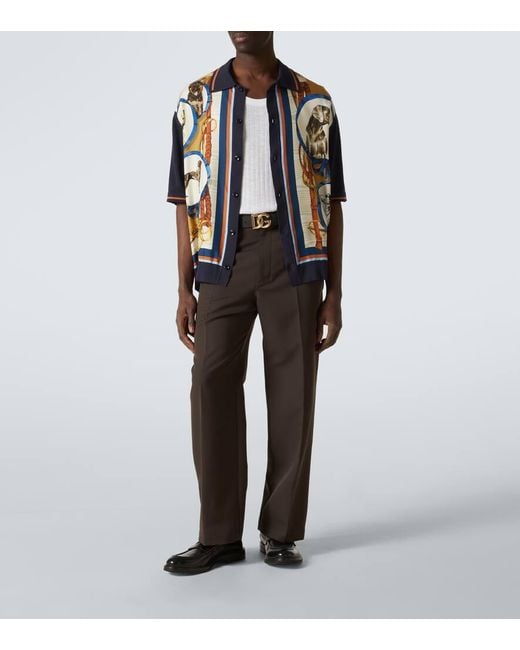 Dolce & Gabbana Blue Printed Silk And Cotton Bowling Shirt for men