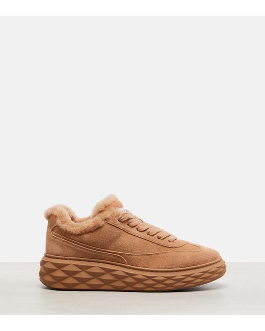 Jimmy Choo Brown Diamond Maxi Shearling-Trimmed Suede Sneakers