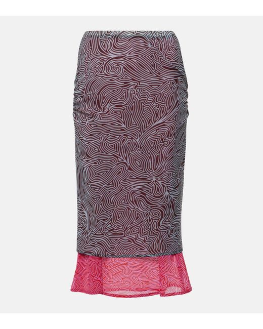 Dries Van Noten Purple Printed Pleated Mesh Midi Skirt