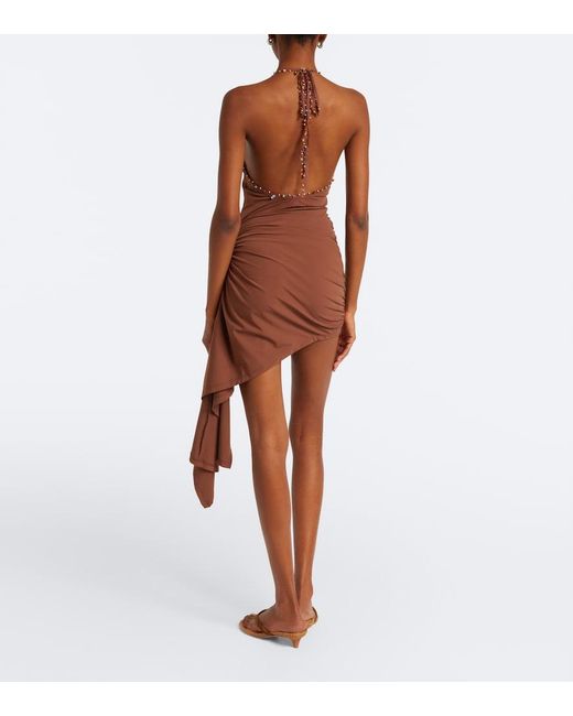 Christopher Esber Brown Embellished Halterneck Jersey Minidress