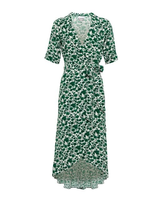 Ganni Green Floral Crepe Wrap Dress