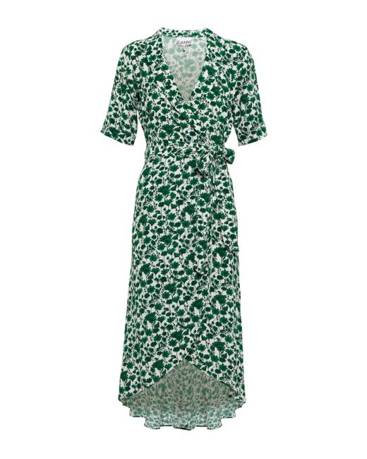 Ganni Green Floral Crepe Wrap Dress
