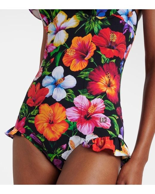 Dolce & Gabbana Red Floral Ruffled Swimsuit