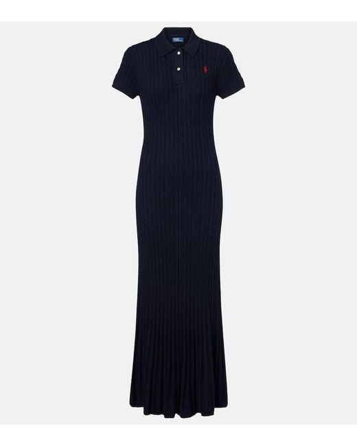Polo Ralph Lauren Blue Ribbed-Knit Cotton-Blend Polo Dress