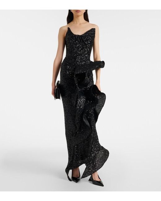 Maticevski Black Thistle Wave Ruffled Sequined Gown