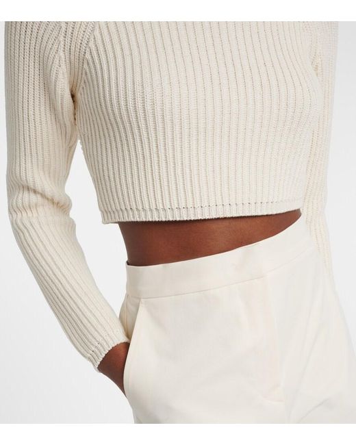 Max Mara White Campo Ribbed-Knit Cropped Turtleneck Sweater